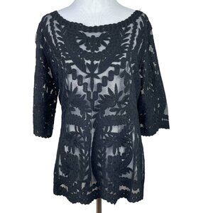 Laundry by Shelli Segal Blouse Large Black Lace‎ Brocade Over Mesh Scalloped Hem